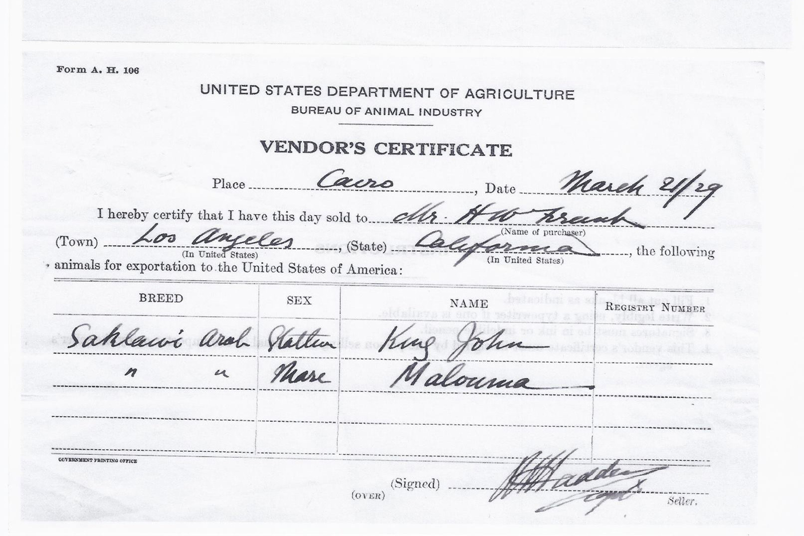 Document from the United States Department of Agriculture for importing King John and Malouma.